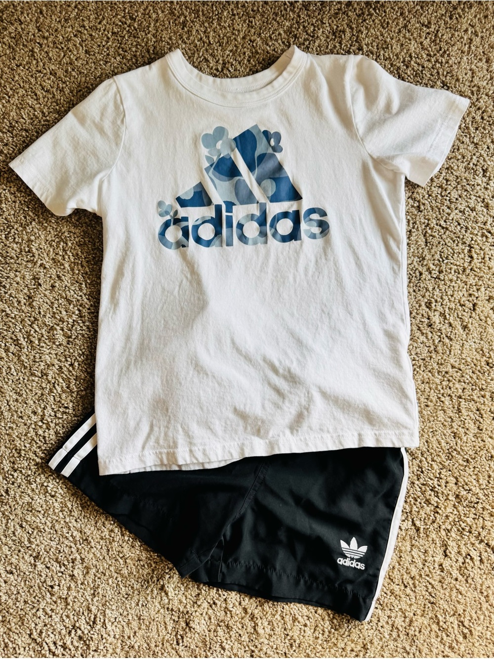 Adidas Blue & White Floral Logo Tee with Adidas matching shorts-back to school!
